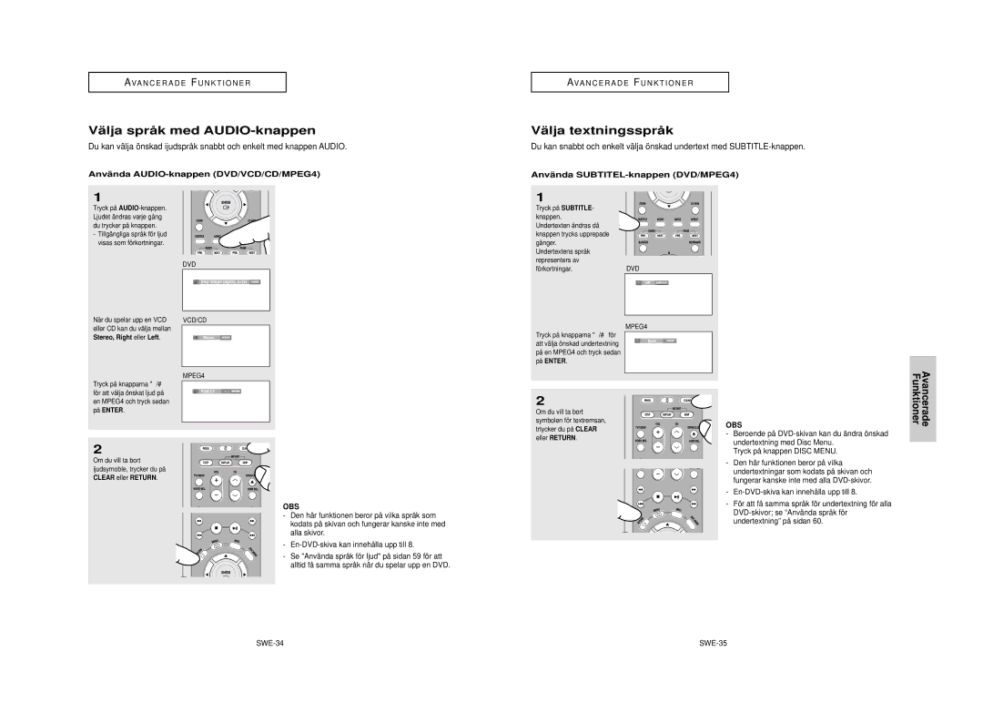 Samsung DVD-HD950/XEE manual Välja språk med AUDIO-knappen, Vä lja textningssprå k, Använda AUDIO-knappen DVD/VCD/CD/MPEG4 