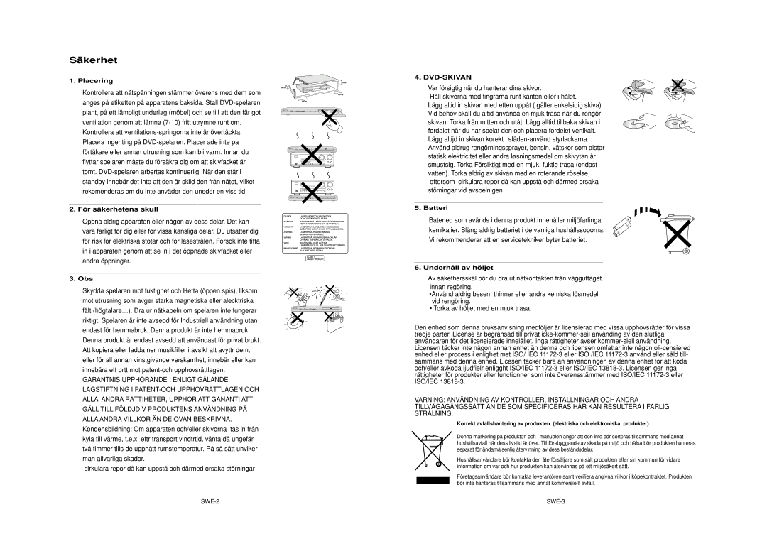 Samsung DVD-HD950/XEE manual Säkerhet 