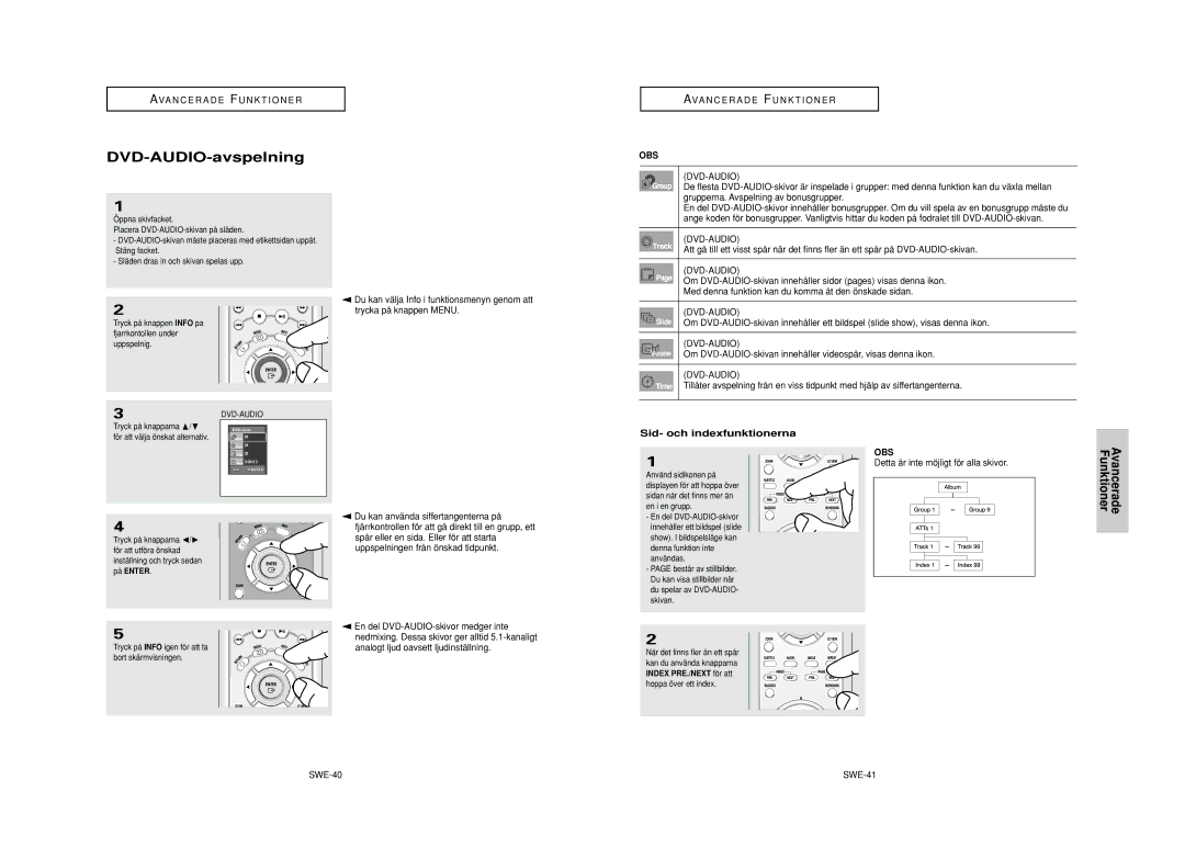 Samsung DVD-HD950/XEE manual DVD-AUDIO-avspelning, Sid- och indexfunktionerna 