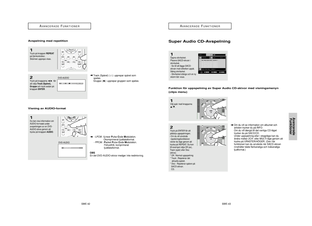 Samsung DVD-HD950/XEE manual Super Audio CD-Avspelning, Avspelning med repetition 