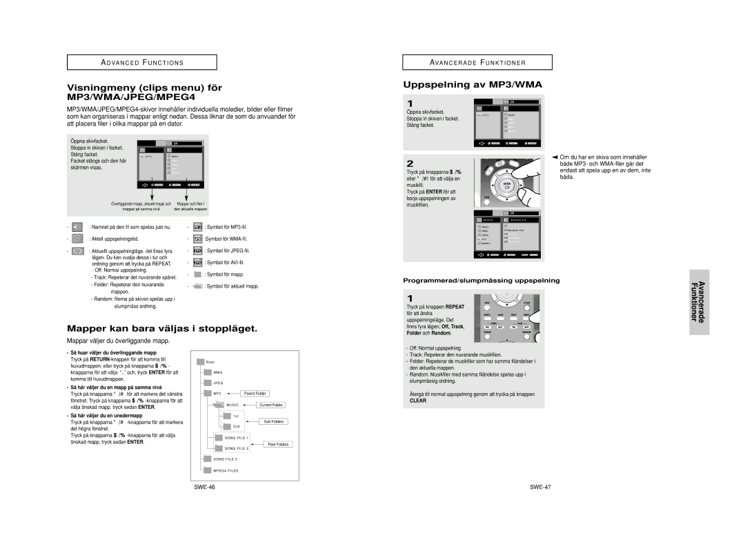 Samsung DVD-HD950/XEE manual Visningmeny clips menu fö r MP3/WMA/JPEG/MPEG4, Uppspelning av MP3/WMA 