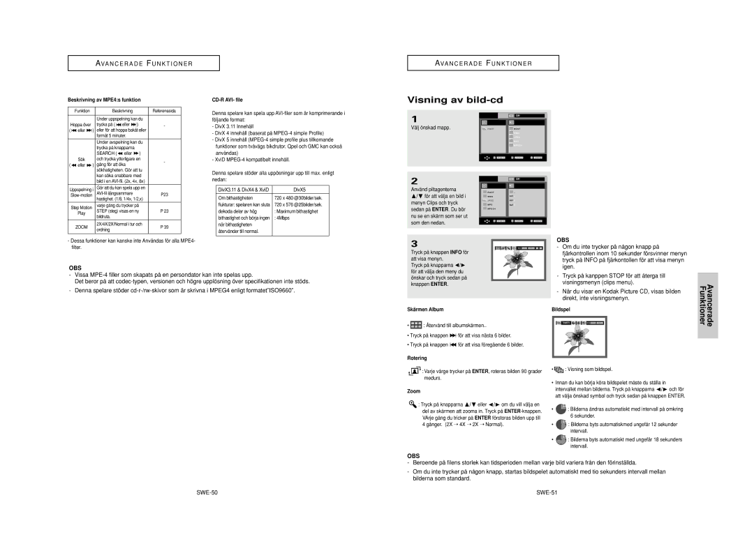 Samsung DVD-HD950/XEE manual Visning av bild-cd, SWE-50 