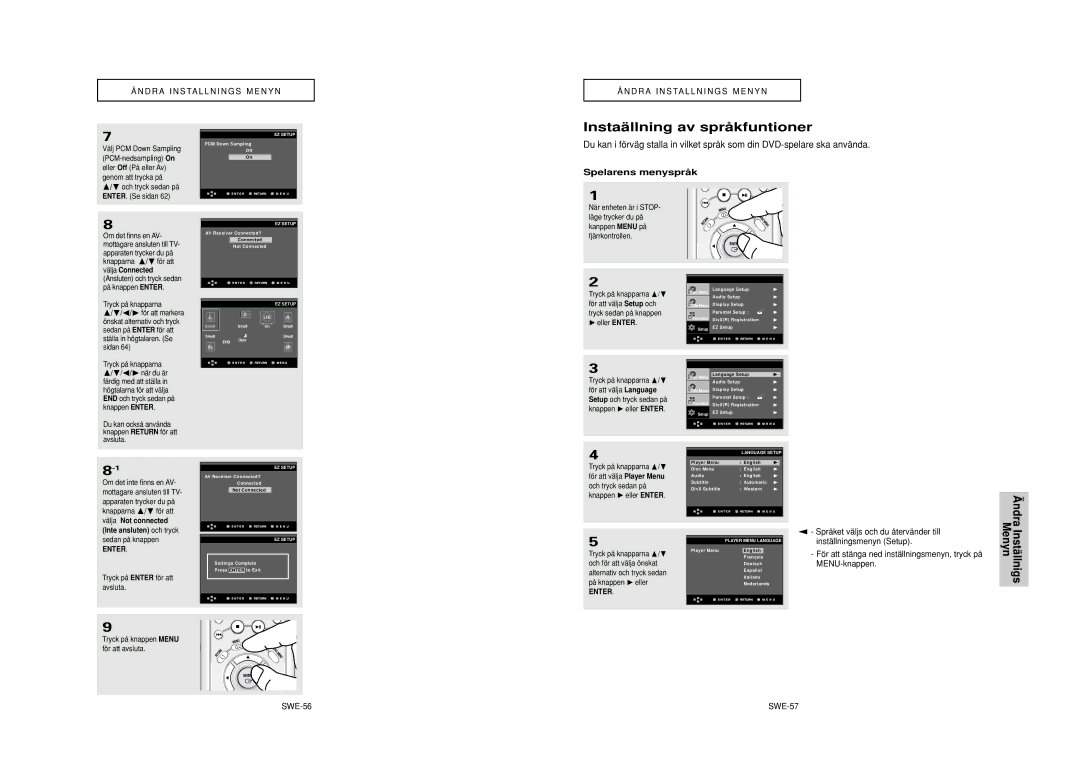 Samsung DVD-HD950/XEE manual Instaä llning av språ kfuntioner, Spelarens menysprå k, SWE-56 