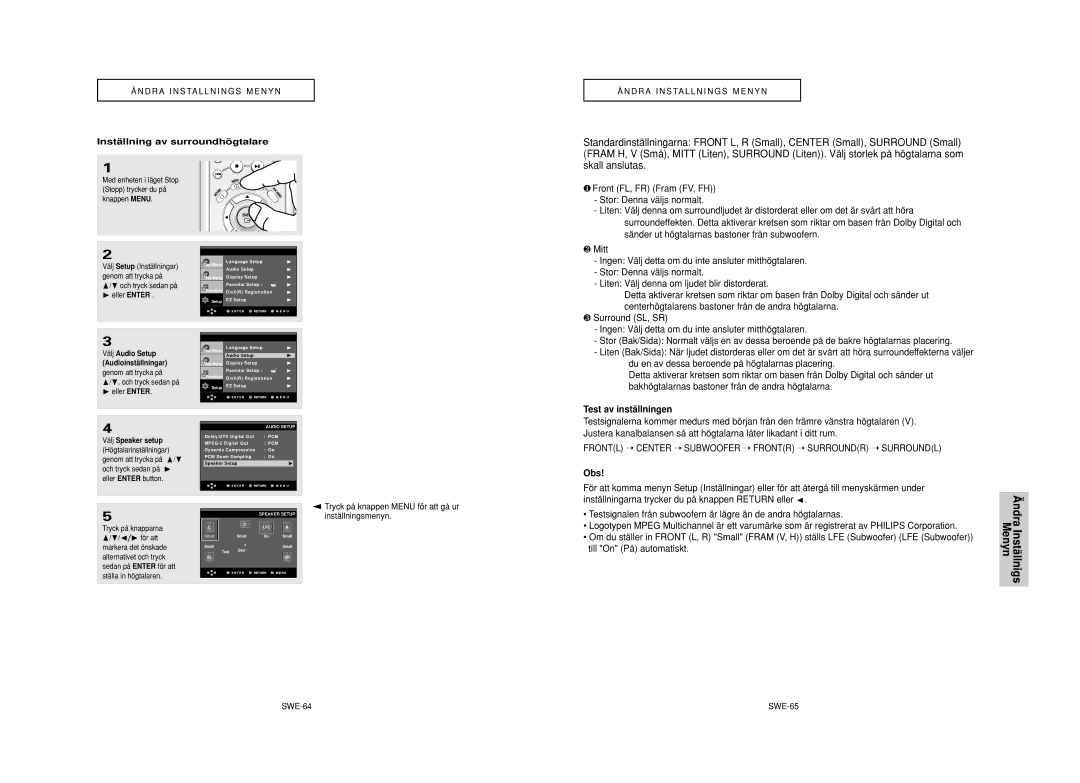 Samsung DVD-HD950/XEE manual Test av instä llningen, Obs, Instä llning av surroundhö gtalare, SWE-64 