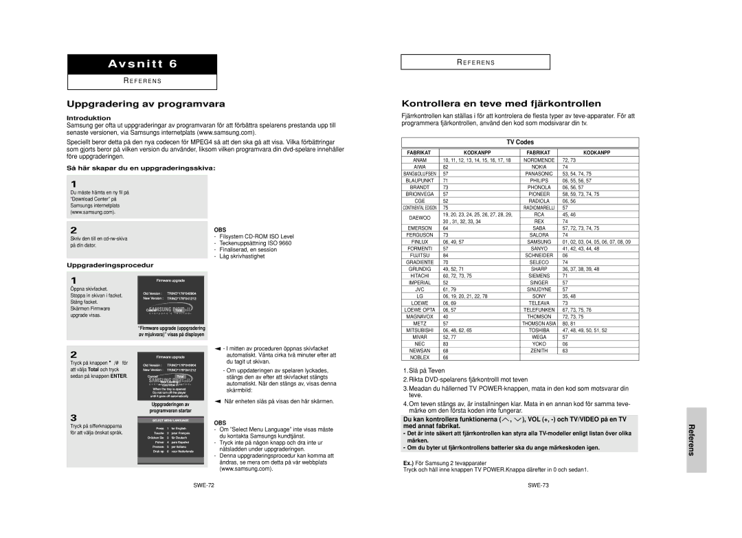 Samsung DVD-HD950/XEE manual Uppgradering av programvara, Kontrollera en teve med fjä rkontrollen, Referens, TV Codes 