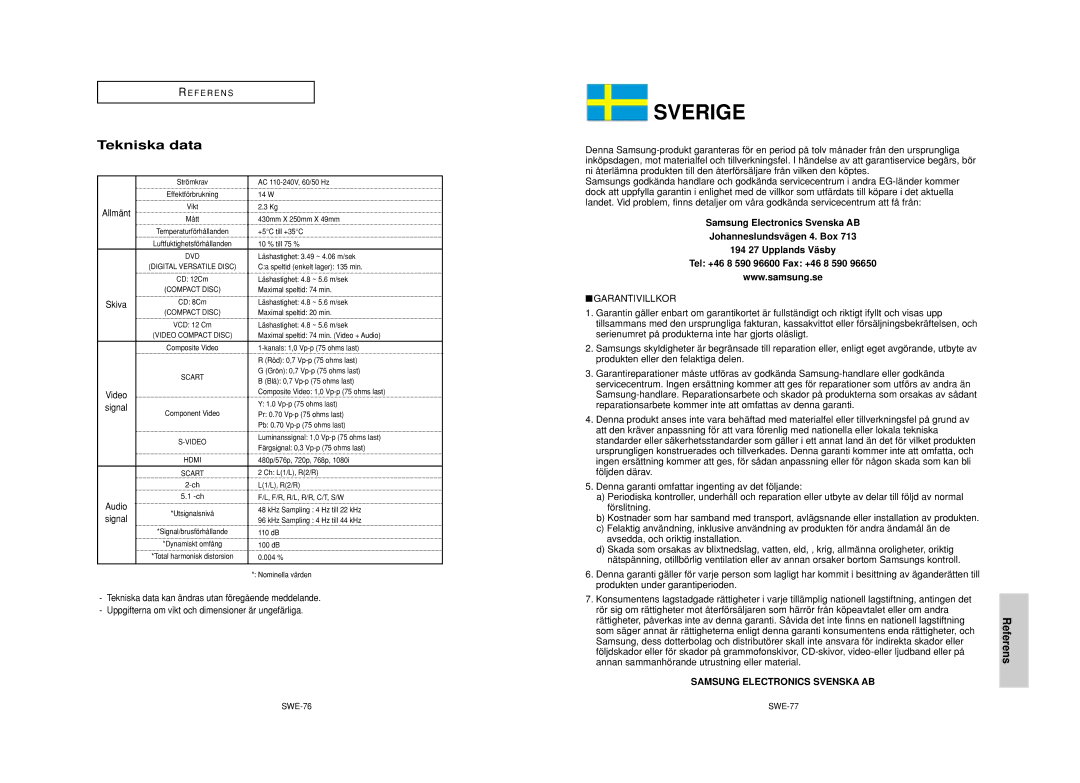 Samsung DVD-HD950/XEE manual Tekniska data, Skiva, Video, Audio, SWE-76 