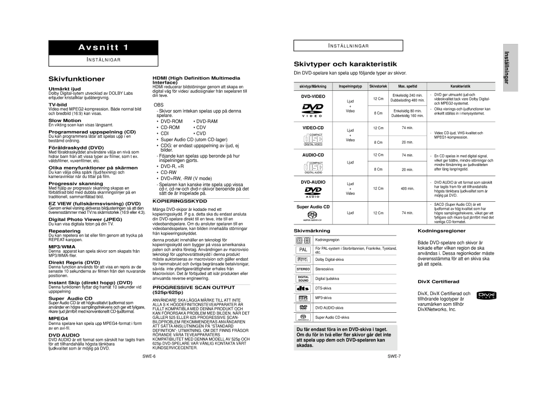 Samsung DVD-HD950/XEE manual Skivfunktioner, Skivtyper och karakteristik, Instä llningar 