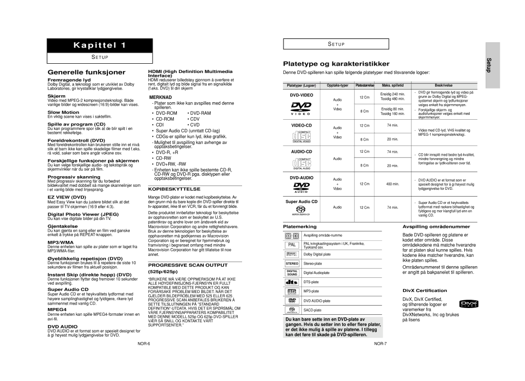 Samsung DVD-HD950/XEE manual Generelle funksjoner, Platetype og karakteristikker, Setup 