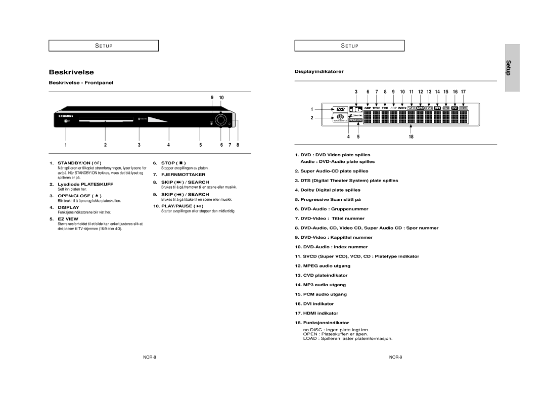 Samsung DVD-HD950/XEE manual Beskrivelse Frontpanel, Displayindikatorer, Fjernmottaker 