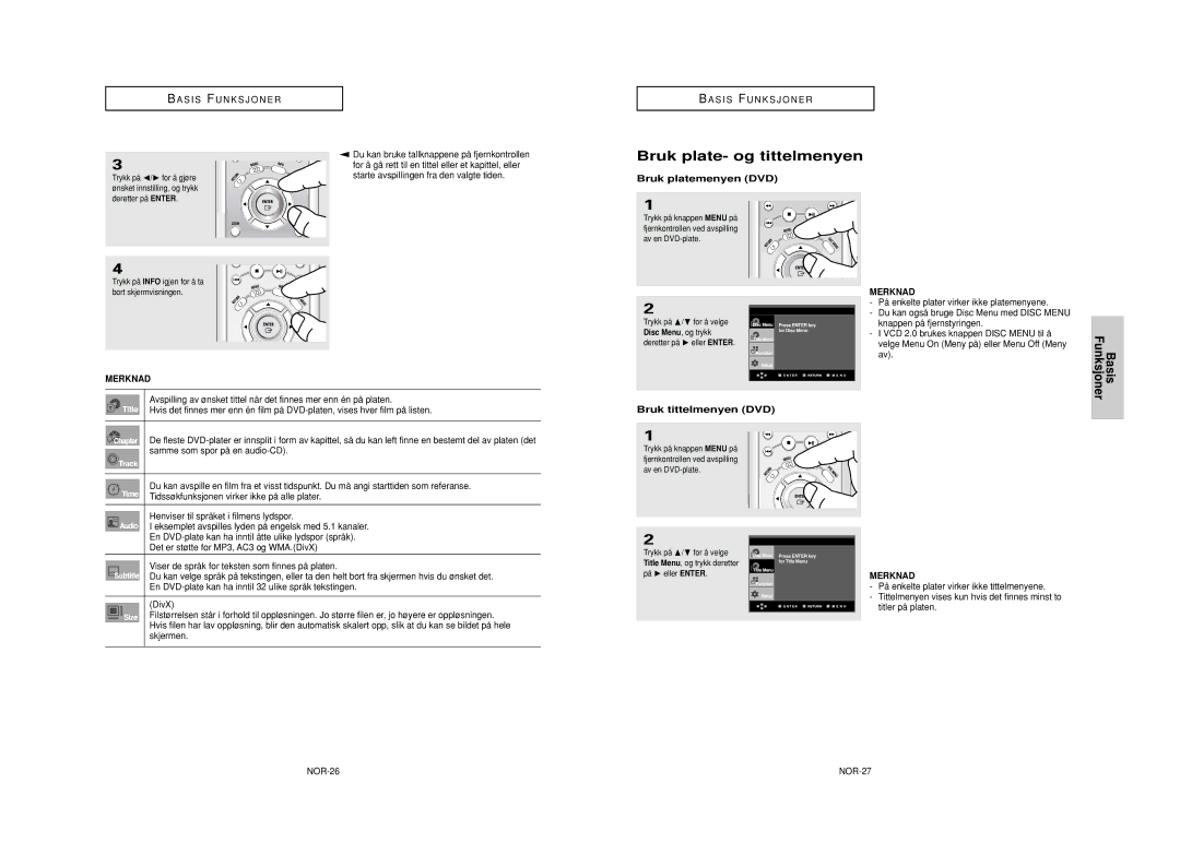 Samsung DVD-HD950/XEE manual Bruk plate- og tittelmenyen, Basis Funksjoner, Starte avspillingen fra den valgte tiden 