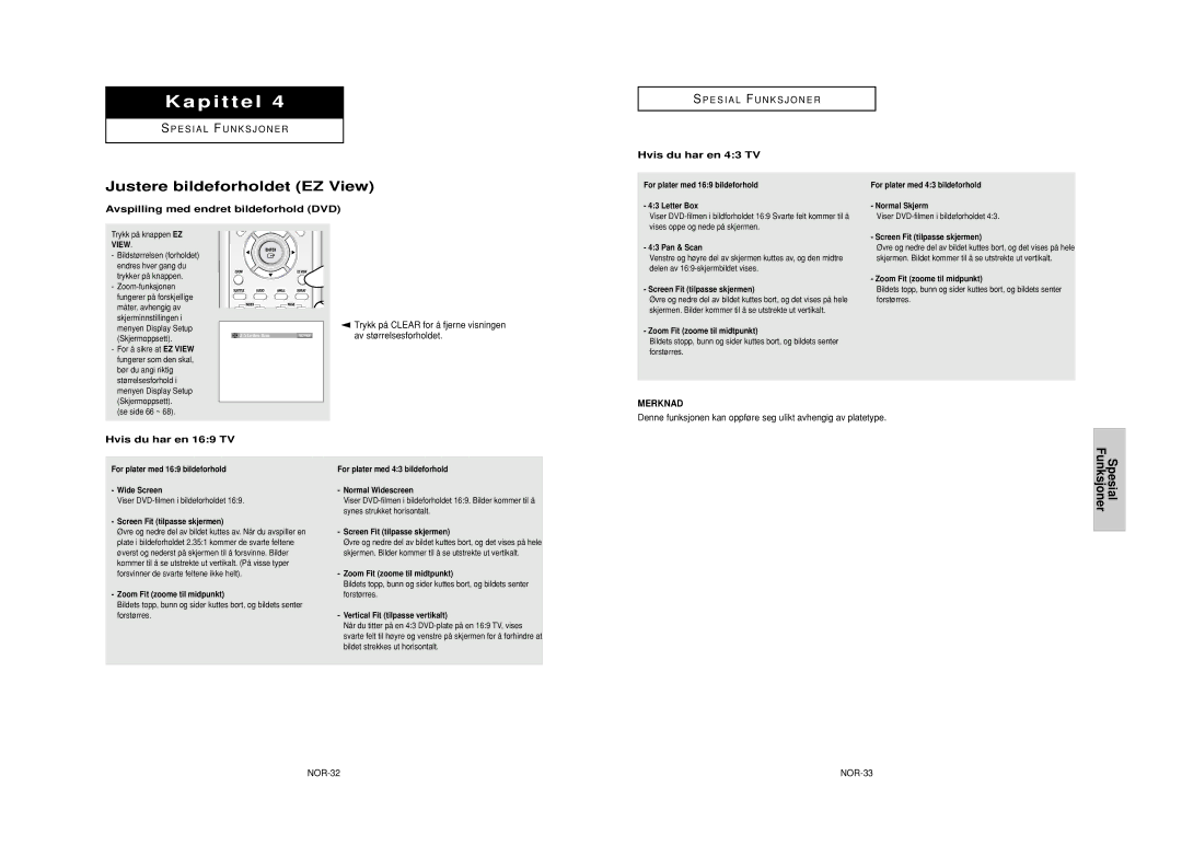 Samsung DVD-HD950/XEE manual Justere bildeforholdet EZ View, Spesial Funksjoner, Avspilling med endret bildeforhold DVD 