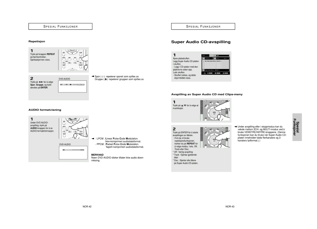 Samsung DVD-HD950/XEE manual Super Audio CD-avspilling, Repetisjon, Avspilling av Super Audio CD med Clips-meny 