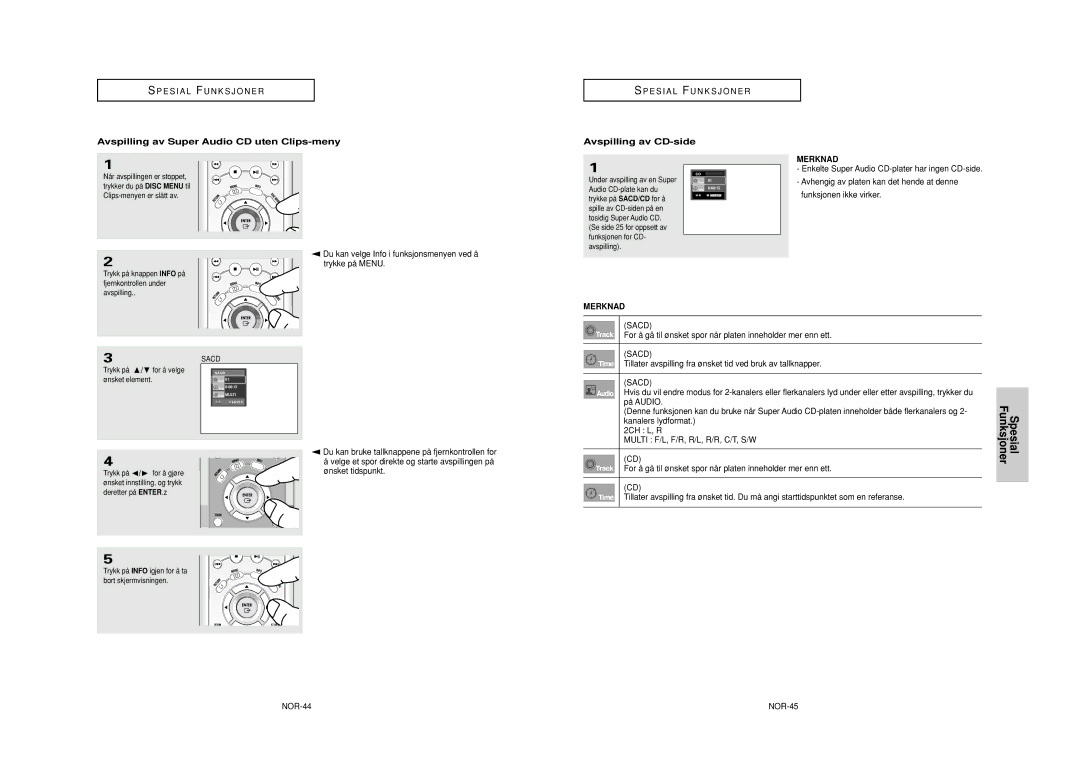 Samsung DVD-HD950/XEE manual Avspilling av Super Audio CD uten Clips-meny, Avspilling av CD-side, NOR-44 