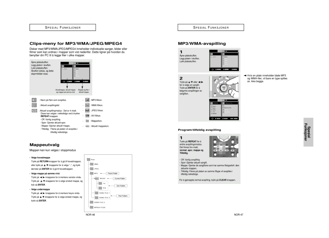 Samsung DVD-HD950/XEE Clips-meny for MP3/WMA/JPEG/MPEG4 MP3/WMA-avspilling, Mappeutvalg, Program/tilfeldig avspilling 