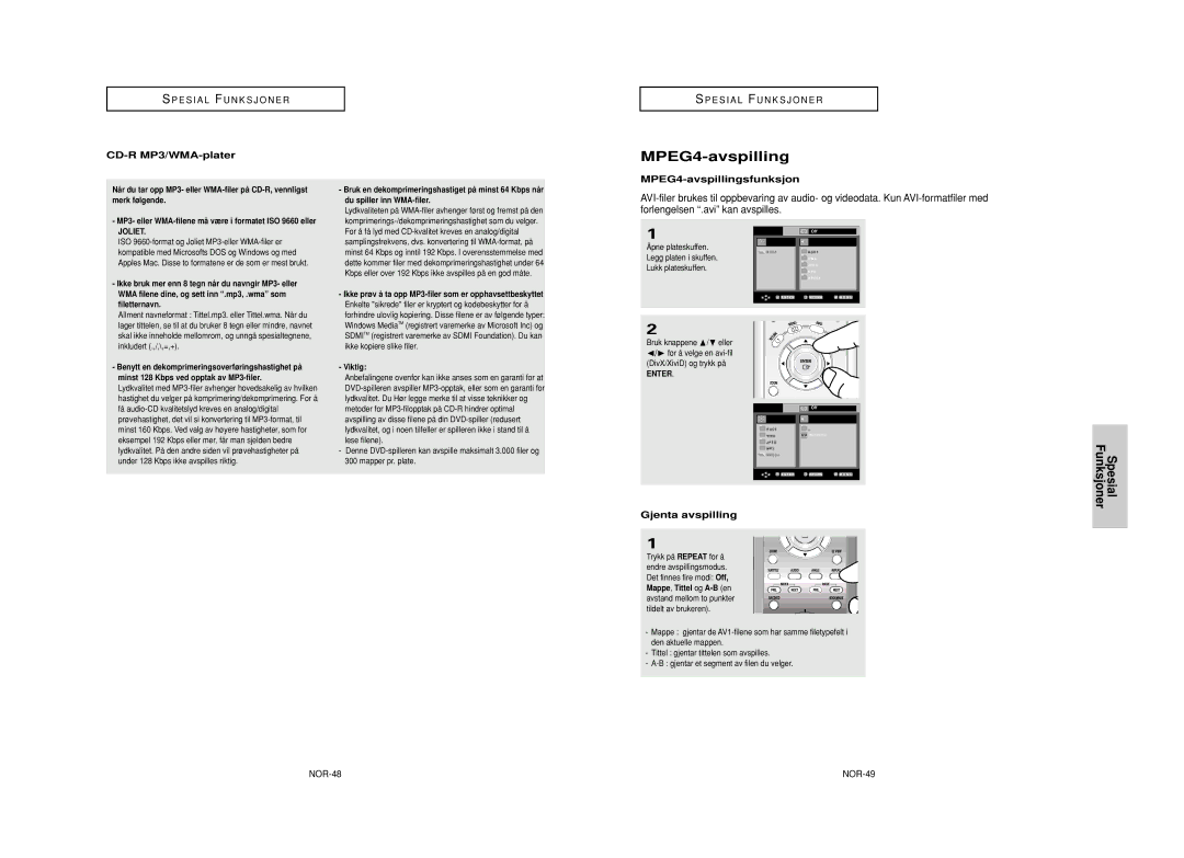 Samsung DVD-HD950/XEE manual CD-R MP3/WMA-plater, MPEG4-avspillingsfunksjon, Gjenta avspilling, NOR-48 