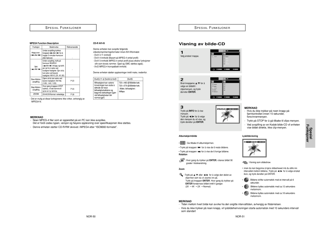 Samsung DVD-HD950/XEE manual Visning av bilde-CD, Fjernkontrollen innen 10 sekunder, Forsvinnermenyen, NOR-50 