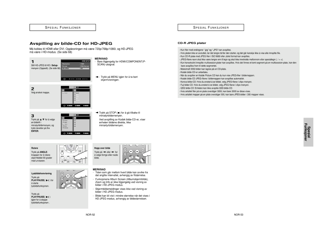 Samsung DVD-HD950/XEE manual Avspilling av bilde-CD for HD-JPEG, CD-R Jpeg plater, NOR-52 