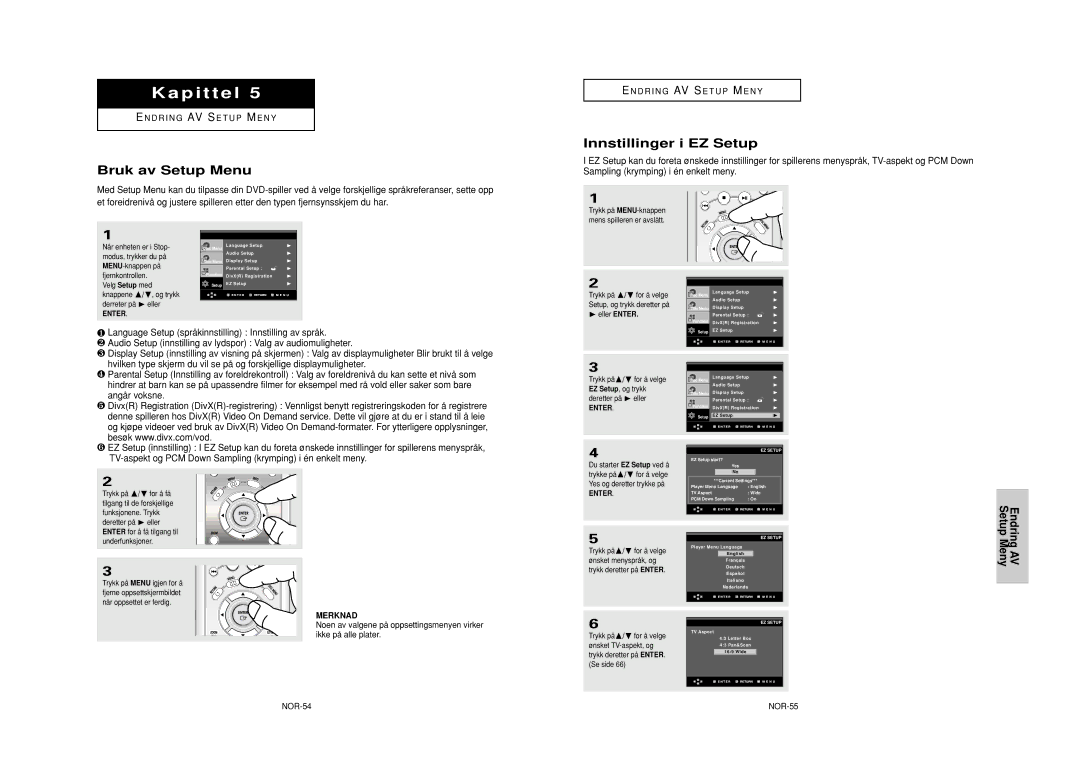 Samsung DVD-HD950/XEE manual Bruk av Setup Menu, Innstillinger i EZ Setup, AV Meny, NOR-54 