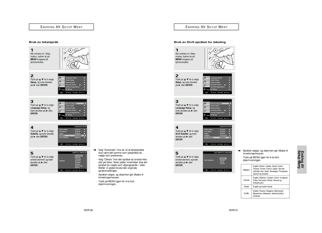 Samsung DVD-HD950/XEE manual Bruk av tekstsprå k, Bruk av DivX-språ ket for teksting, NOR-60, Lanquage Setup, og 