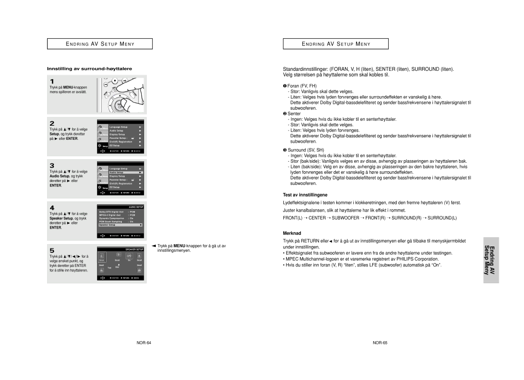 Samsung DVD-HD950/XEE manual Test av innstillingene, Merknad, Innstilling av surround-høyttalere 