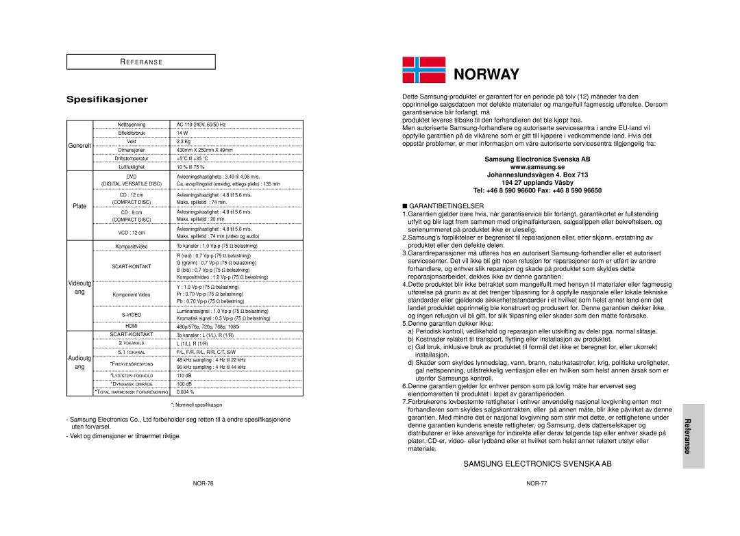 Samsung DVD-HD950/XEE manual Spesifikasjoner, Vekt og dimensjoner er tilnærmet riktige, NOR-76 