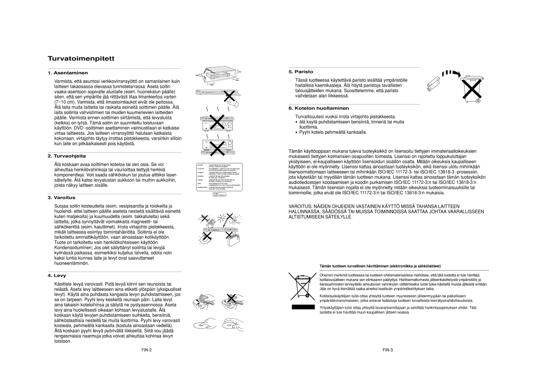 Samsung DVD-HD950/XEE manual Turvatoimenpitett 