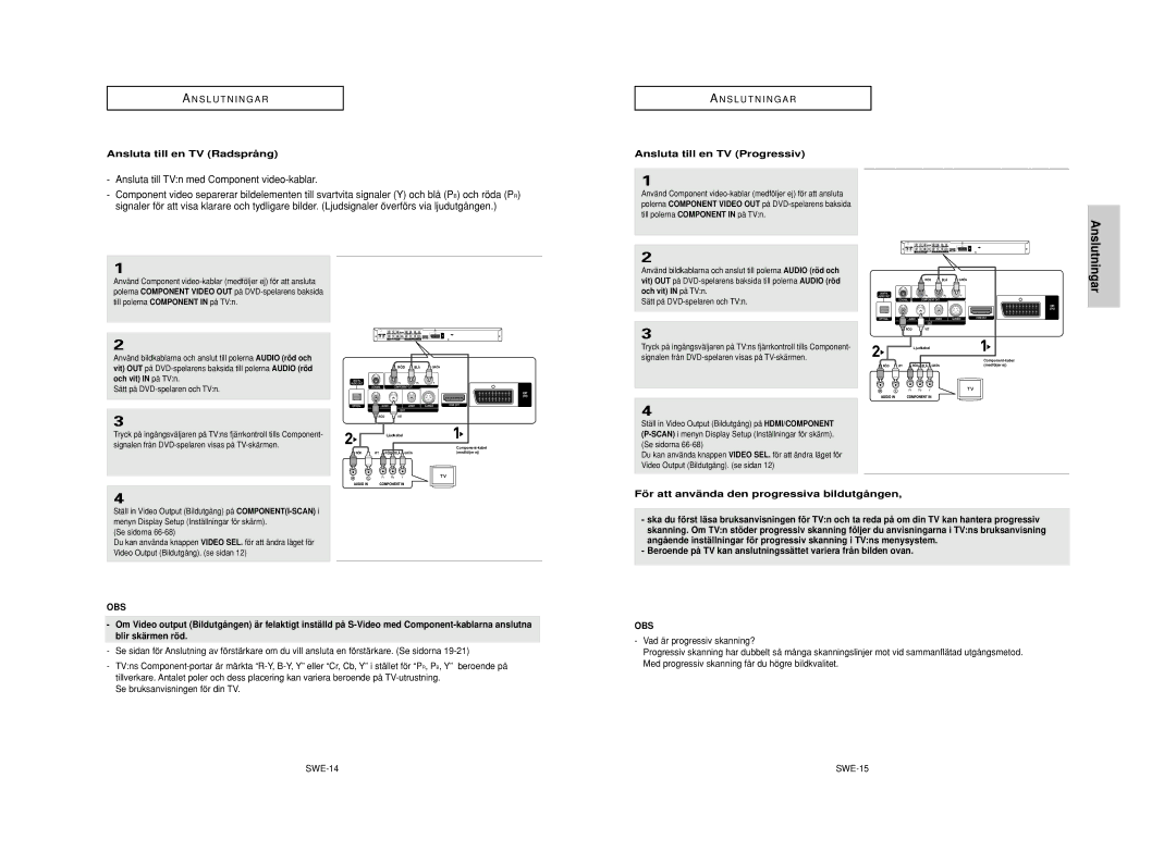 Samsung DVD-HD950/XEE Ansluta till en TV Radsprå ng, Ansluta till en TV Progressiv, Se bruksanvisningen för din TV, SWE-15 