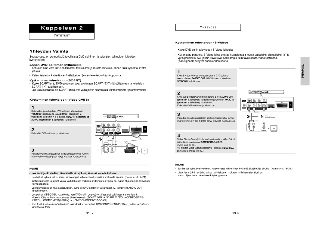 Samsung DVD-HD950/XEE manual Yhteyden Valinta, Yhteydet 