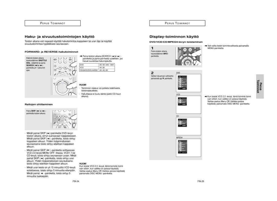 Samsung DVD-HD950/XEE manual Haku- ja sivuutustoimintojen kä yttö, Display-toiminnon kä yttö 