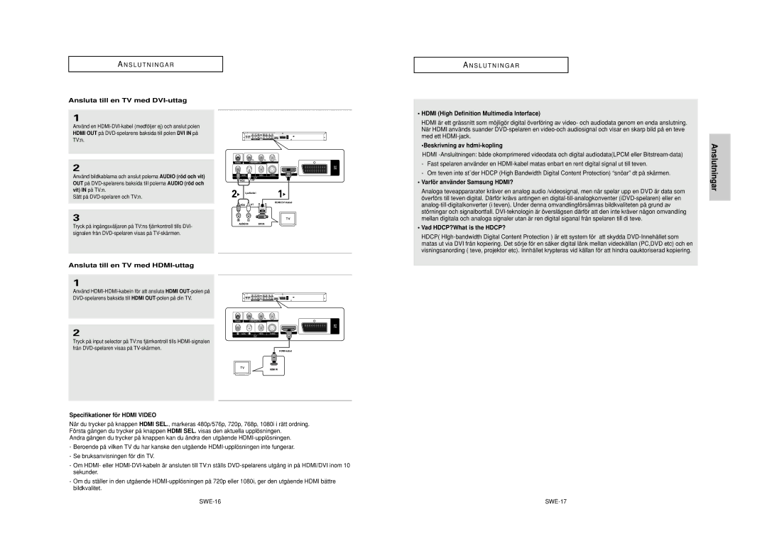 Samsung DVD-HD950/XEE manual Ansluta till en TV med DVI-uttag, Beskrivning av hdmi-kopling, Varfö r anvä nder Samsung HDMI? 