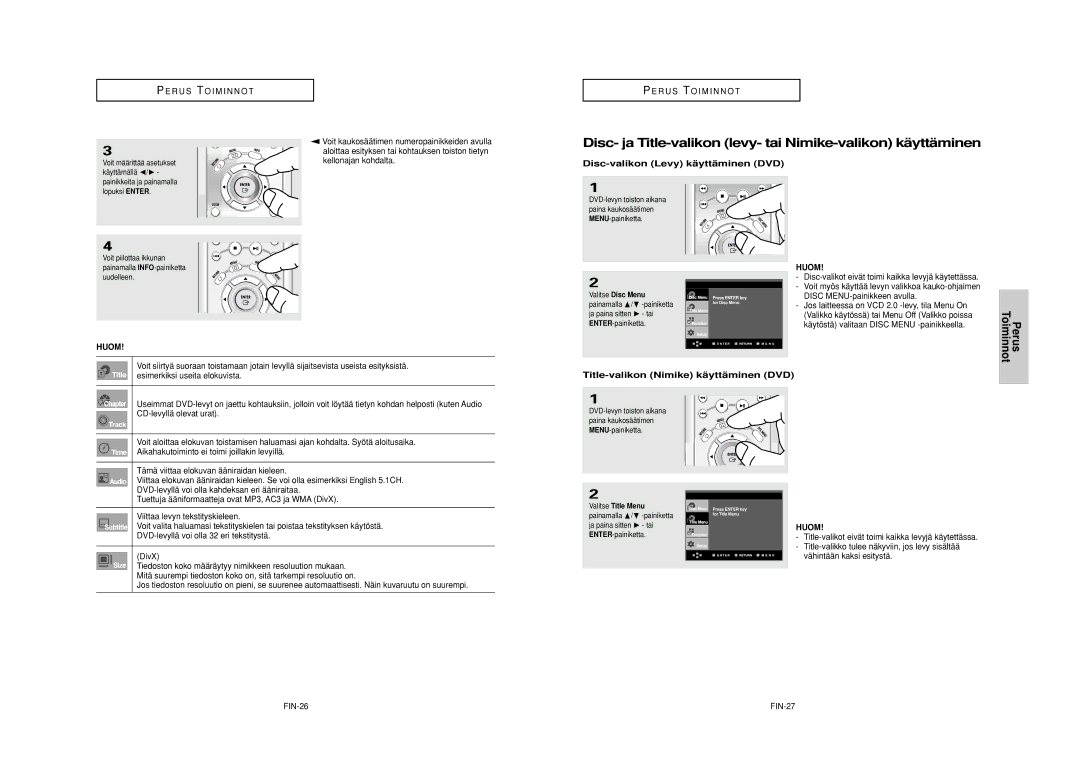 Samsung DVD-HD950/XEE manual Disc- ja Title-valikon levy- tai Nimike-valikon käyttäminen, Perus Toiminnot 