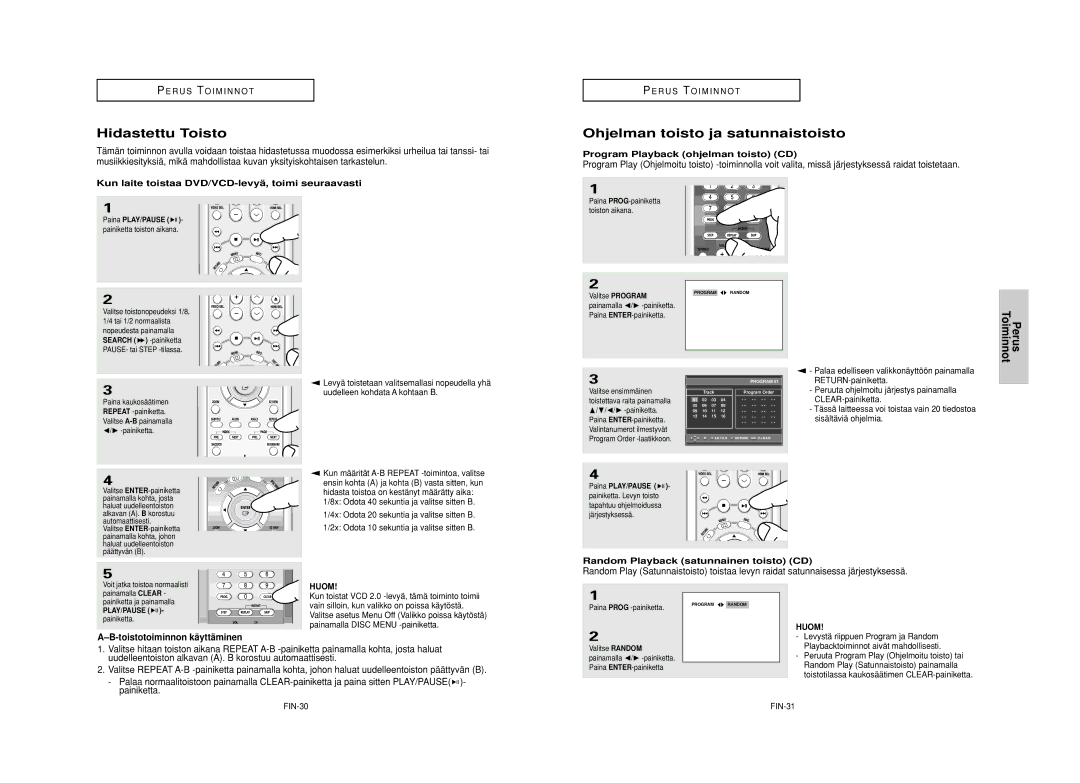 Samsung DVD-HD950/XEE manual Hidastettu Toisto, Ohjelman toisto ja satunnaistoisto, Program Playback ohjelman toisto CD 