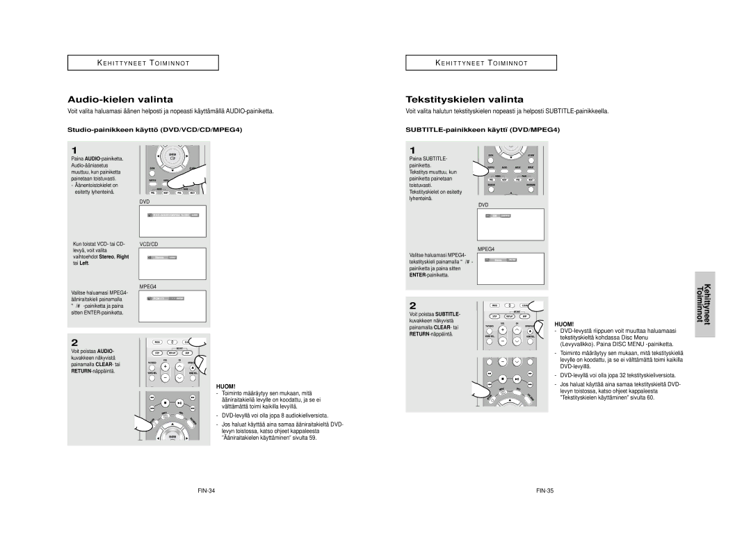 Samsung DVD-HD950/XEE manual Audio-kielen valinta, Tekstityskielen valinta, Studio-painikkeen käyttö DVD/VCD/CD/MPEG4 