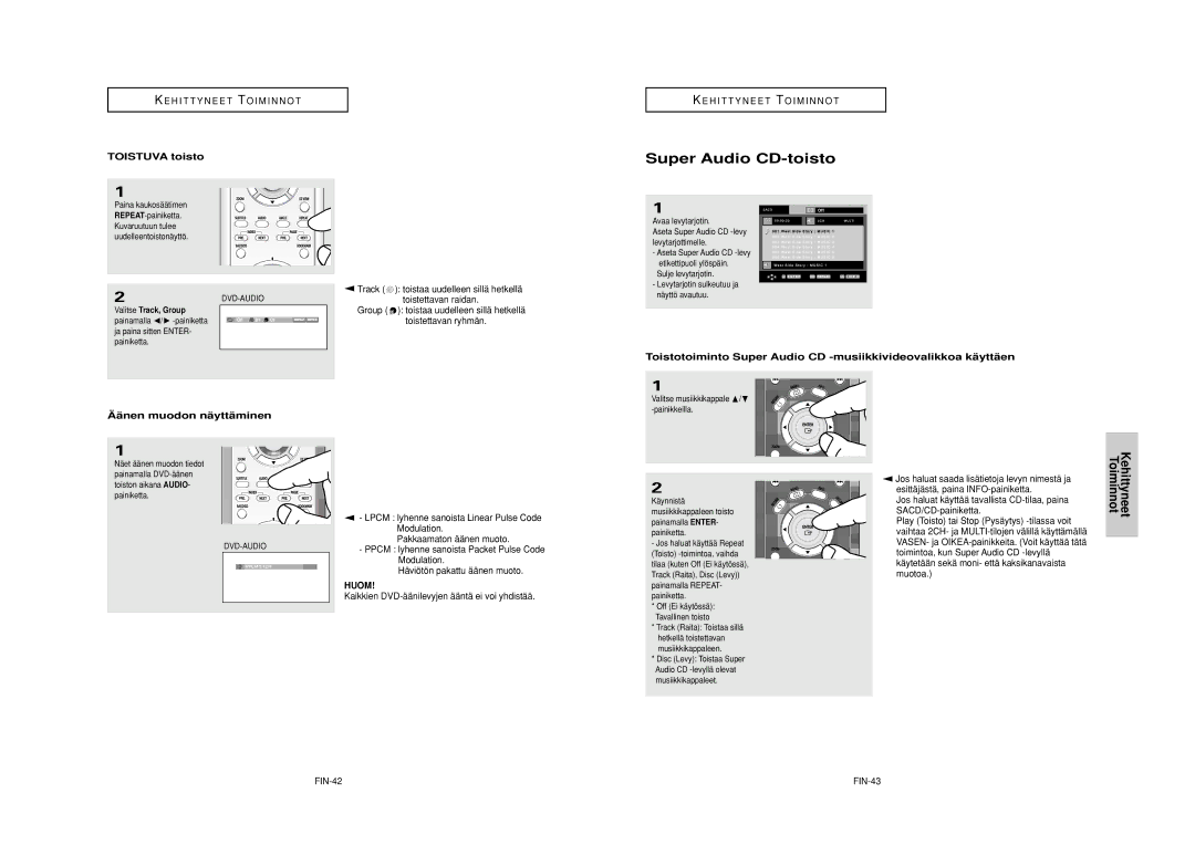 Samsung DVD-HD950/XEE manual Super Audio CD-toisto, Toistuva toisto, Ää nen muodon nä yttä minen, FIN-42 