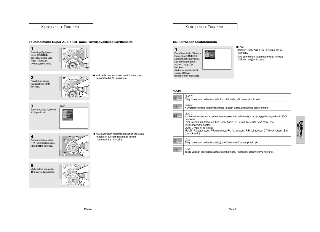 Samsung DVD-HD950/XEE manual CD-kerroksen toistotoiminto, FIN-44, Toiston aikana SACD/CD, FIN-45 