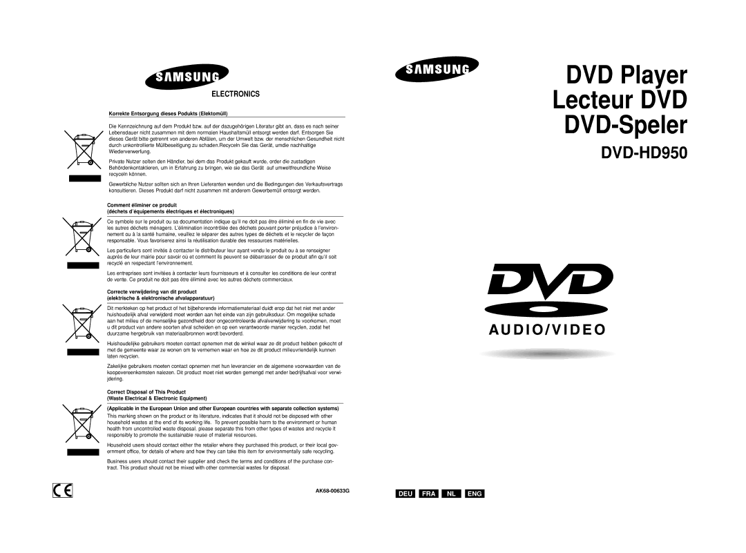 Samsung DVD-HD950/XEL, DVD-HD950/XEG, DVD-HD950/XEH manual Korrekte Entsorgung dieses Podukts Elektomüll, AK68-00633G 