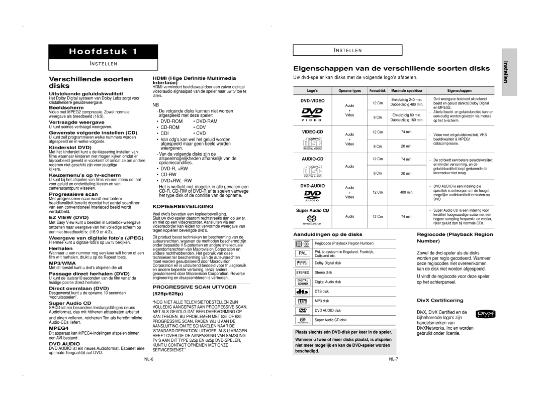 Samsung DVD-HD950/SED manual Verschillende soorten, Disks, Eigenschappen van de verschillende soorten disks, Instellen 