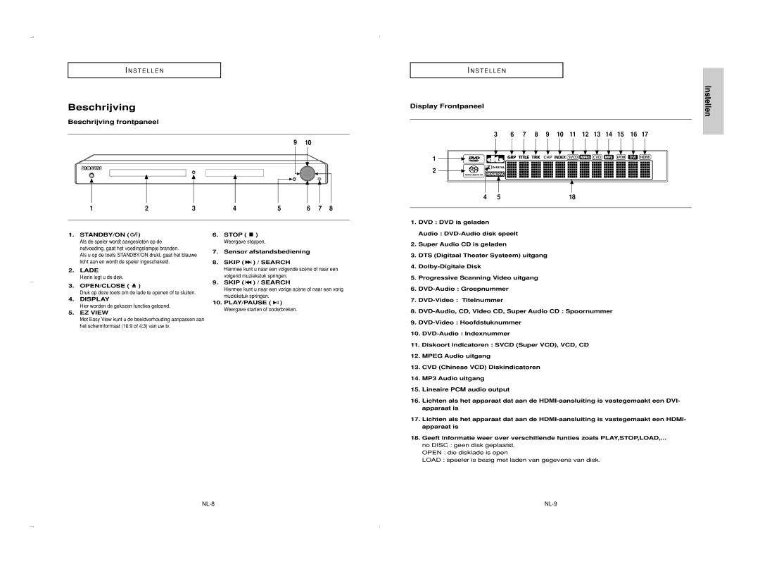 Samsung DVD-HD950/XEG, DVD-HD950/XEL, DVD-HD950/XEH manual Beschrijving frontpaneel, Display Frontpaneel, NL-8, Lade 