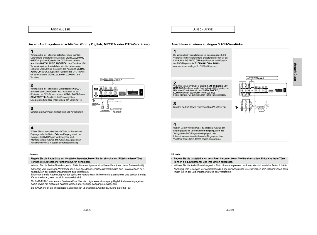 Samsung DVD-HD950/XEL, DVD-HD950/XEG, DVD-HD950/XEH, DVD-HD950/XAA manual Anschluss an einen analogen 5.1CH-Verstärker, DEU-21 