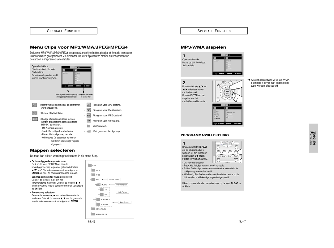 Samsung DVD-HD950/SED, DVD-HD950/XEG, DVD-HD950/XEL Menu Clips voor MP3/WMA/JPEG/MPEG4, MP3/WMA afspelen, Mappen selecteren 