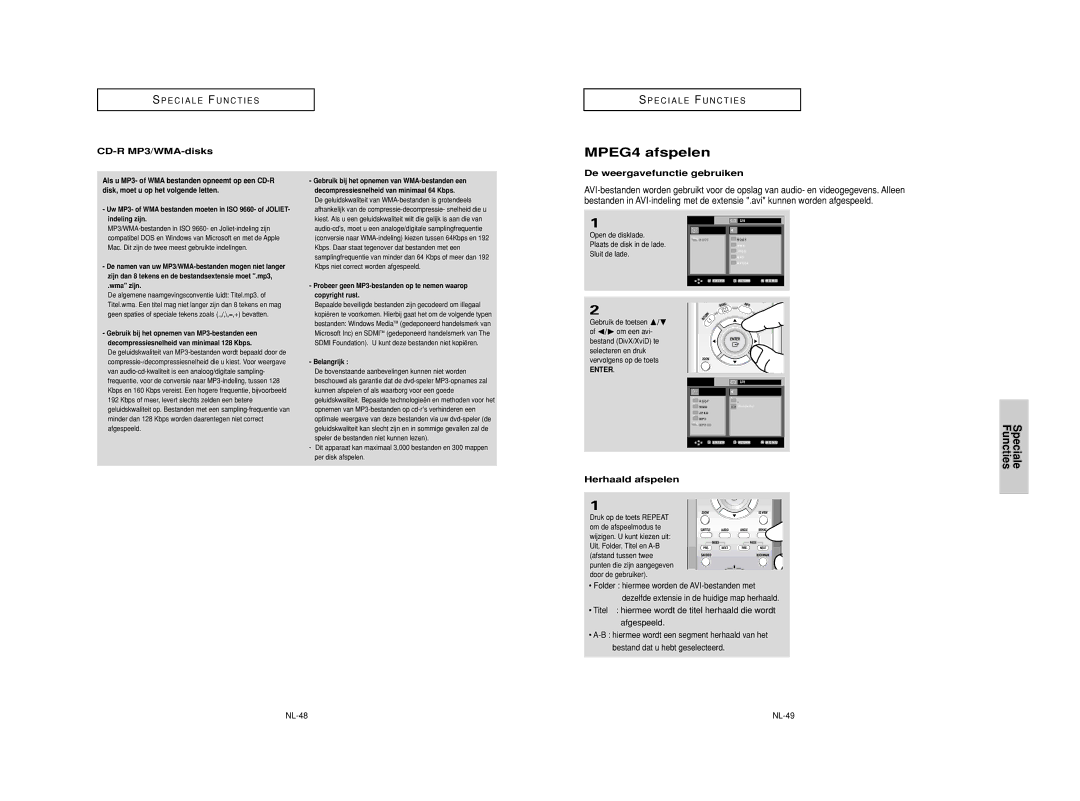 Samsung DVD-HD950/XEG, DVD-HD950/XEL, DVD-HD950/XEH MPEG4 afspelen, CD-R MP3/WMA-disks, De weergavefunctie gebruiken, NL-49 