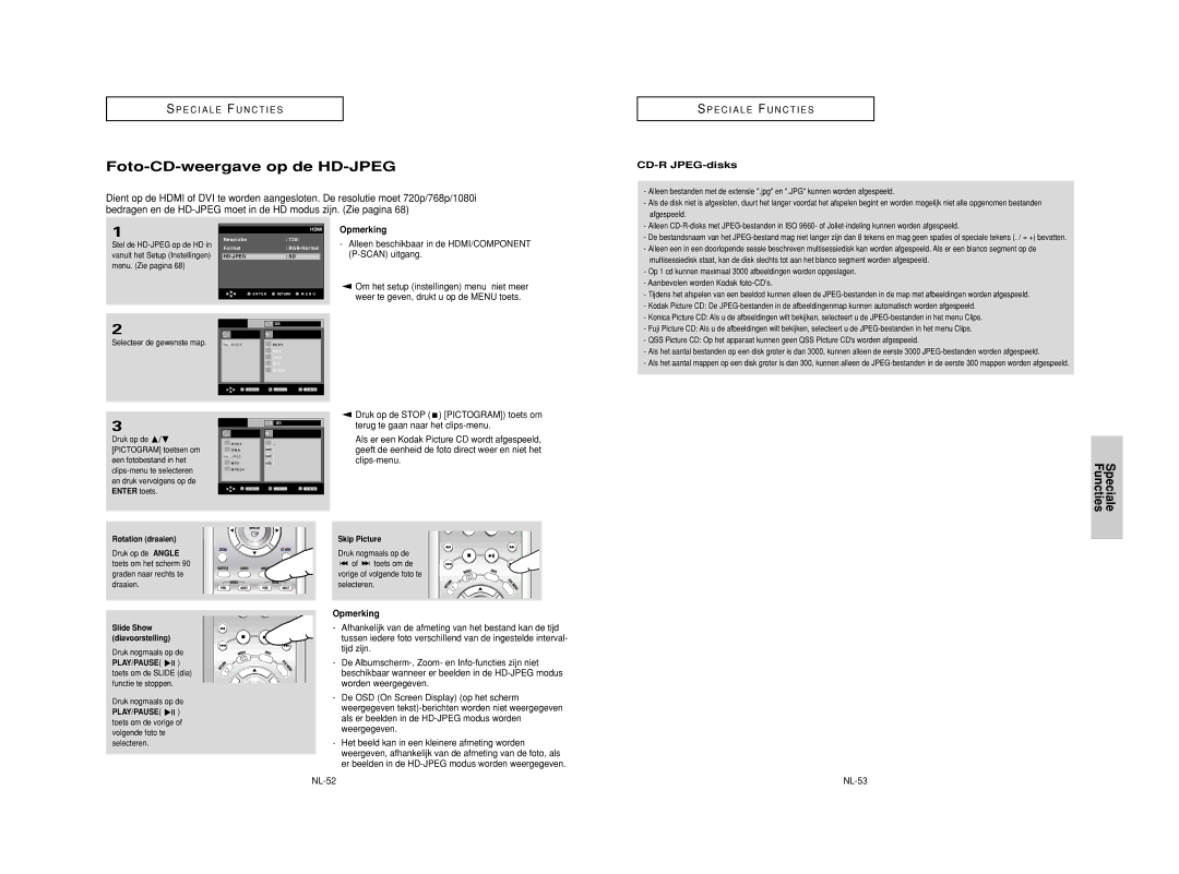 Samsung DVD-HD950/XEH Foto-CD-weergave op de HD-JPEG, CD-R JPEG-disks, Druk op de Stop Pictogram toets om, NL-52 NL-53 