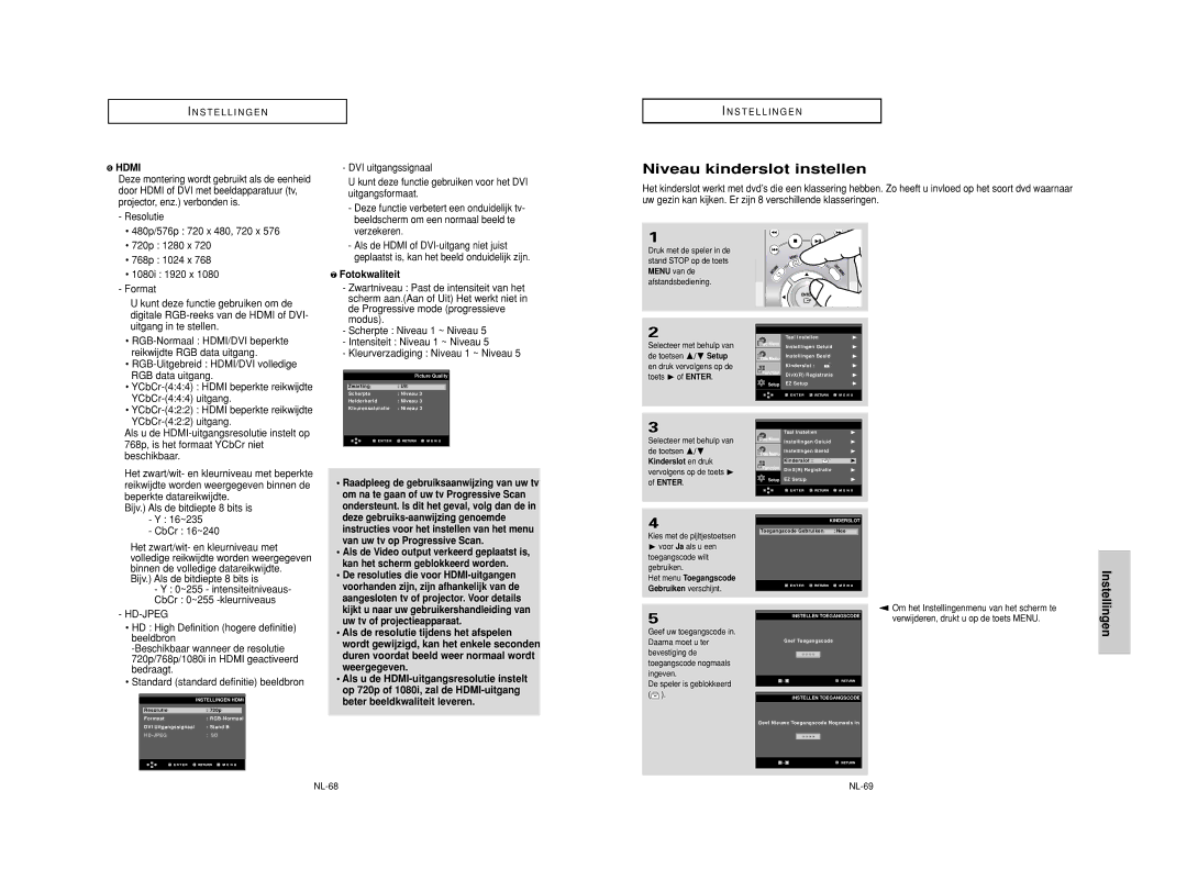 Samsung DVD-HD950/XEG, DVD-HD950/XEL, DVD-HD950/XEH, DVD-HD950/XAA manual Niveau kinderslot instellen, ❼ Fotokwaliteit 