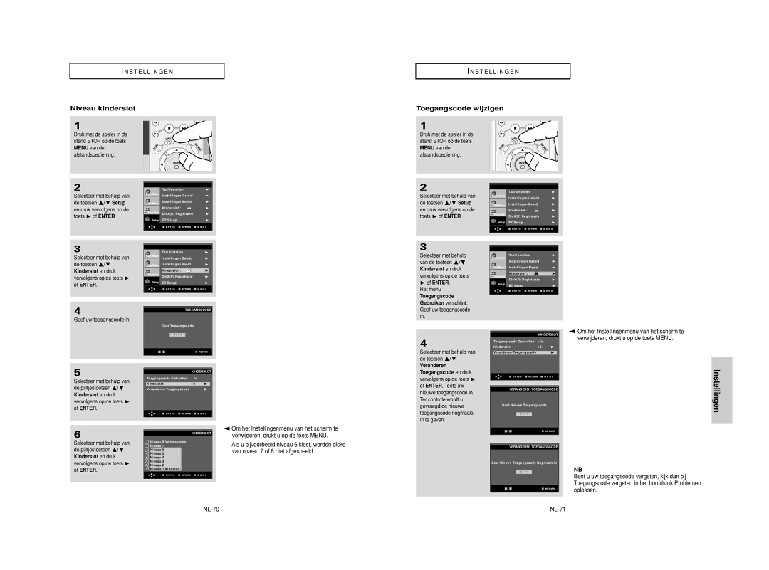 Samsung DVD-HD950/XEL, DVD-HD950/XEG, DVD-HD950/XEH, DVD-HD950/XAA, DVD-HD950/SED Niveau kinderslot, Toegangscode wijzigen 