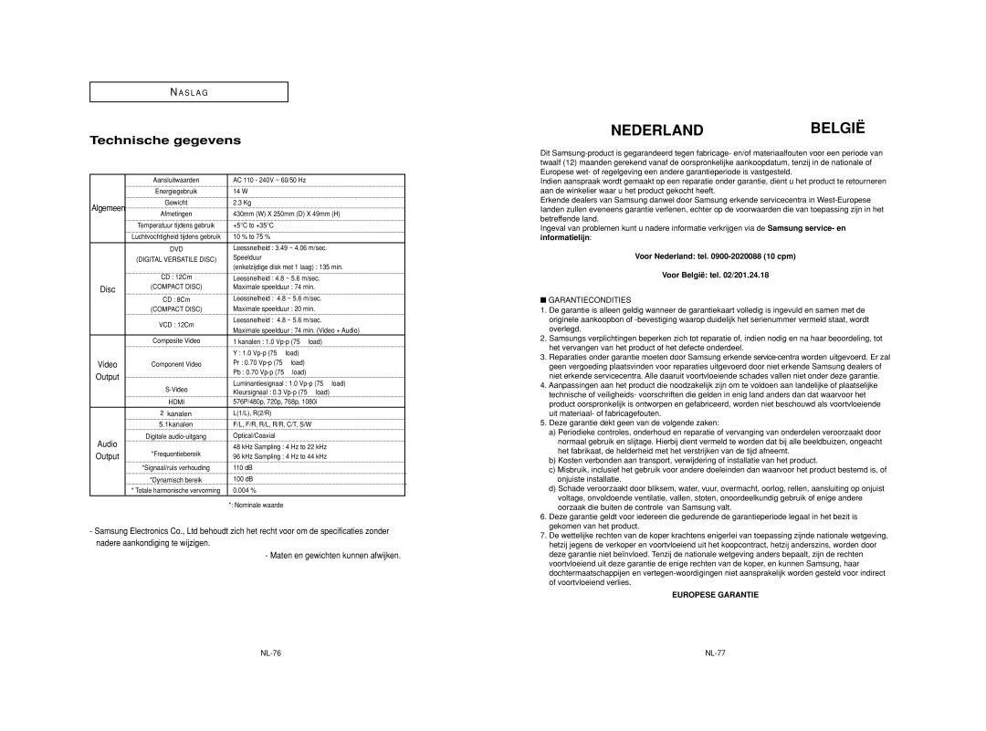 Samsung DVD-HD950/SED, DVD-HD950/XEG, DVD-HD950/XEL Technische gegevens, Maten en gewichten kunnen afwijken, Output, NL-76 