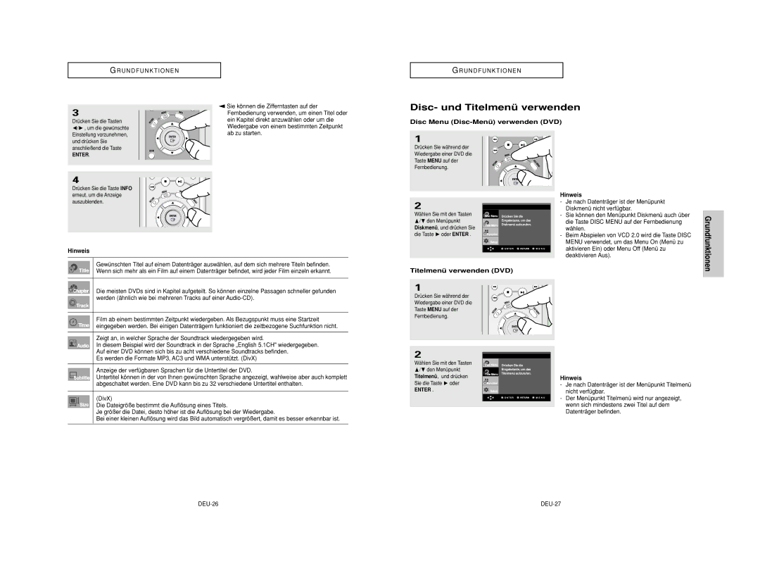 Samsung DVD-HD950/SED manual Disc- und Titelmenü verwenden, Disc Menu Disc-Menü verwenden DVD, Grundfunktionen, Enter 