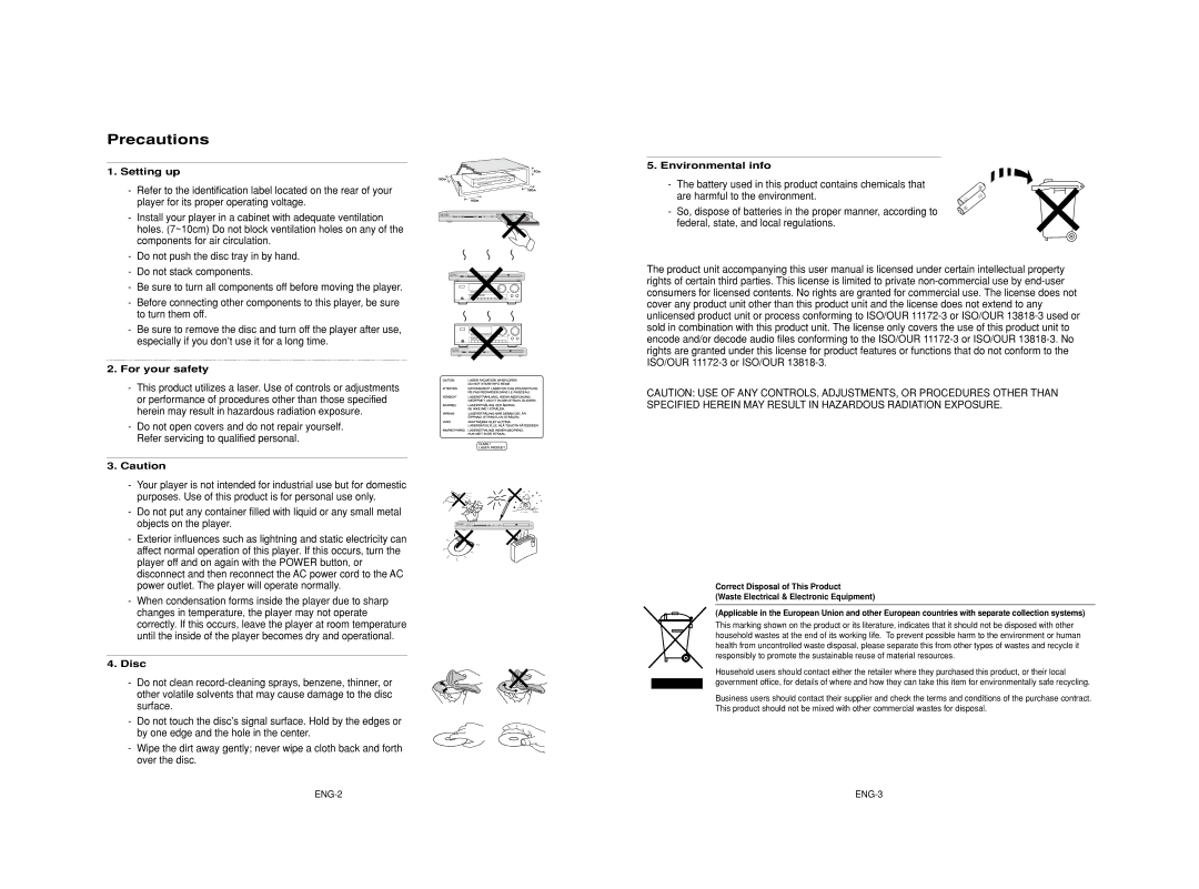 Samsung DVD-HD950/XEL, DVD-HD950/XEG, DVD-HD950/XEH manual Precautions, Setting up, For your safety, Disc, Environmental info 