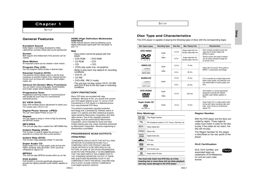 Samsung DVD-HD950/XAA, DVD-HD950/XEG, DVD-HD950/XEL, DVD-HD950/XEH General Features, Disc Type and Characteristics, Setup 