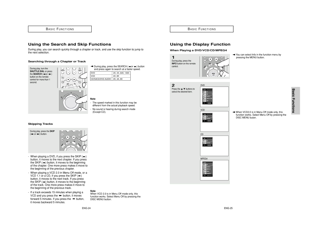 Samsung DVD-HD950/XEH, DVD-HD950/XEG manual Using the Search and Skip Functions, Using the Display Function, Basic Functions 