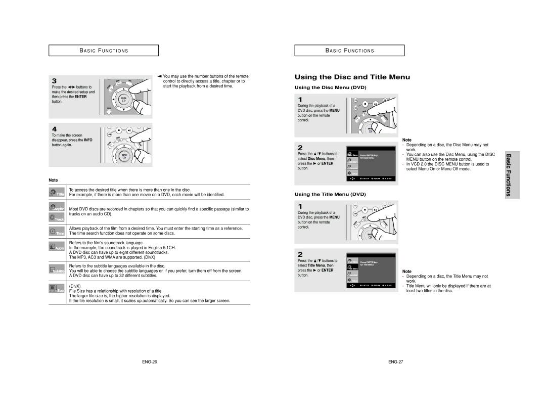 Samsung DVD-HD950/XAA manual Using the Disc and Title Menu, Using the Disc Menu DVD, Using the Title Menu DVD, ENG-27 